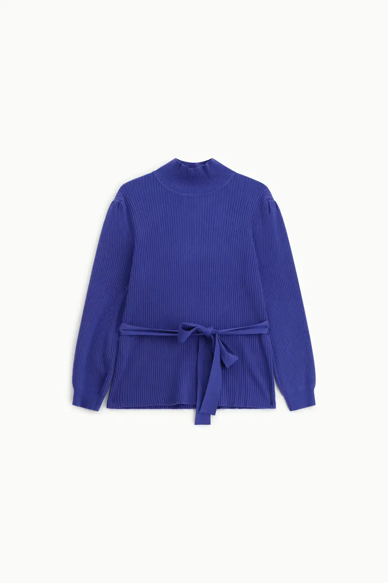 Maglione a coste con collo alto e cintura Blu royal