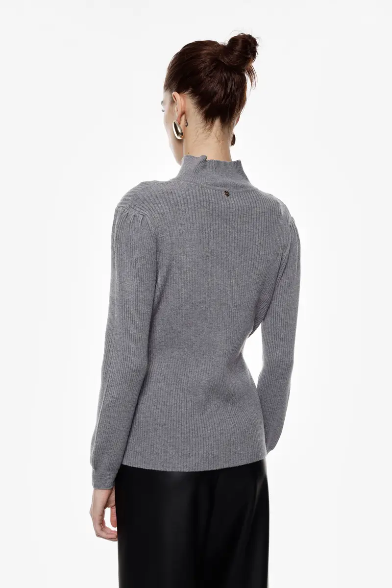 Maglione a coste con collo alto e cintura Grigio miniatura 2