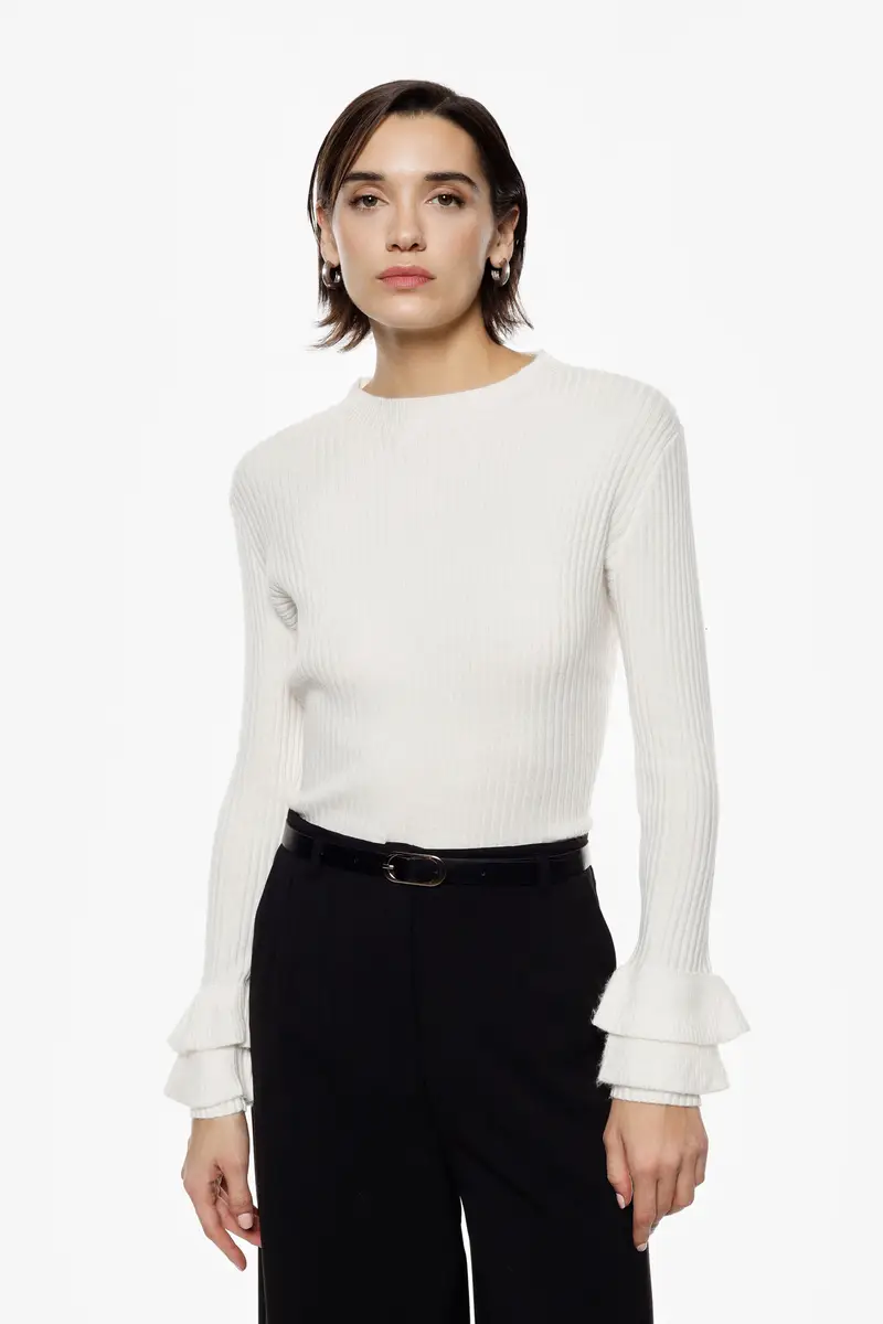 Maglione a coste con maniche volant Panna miniatura 2