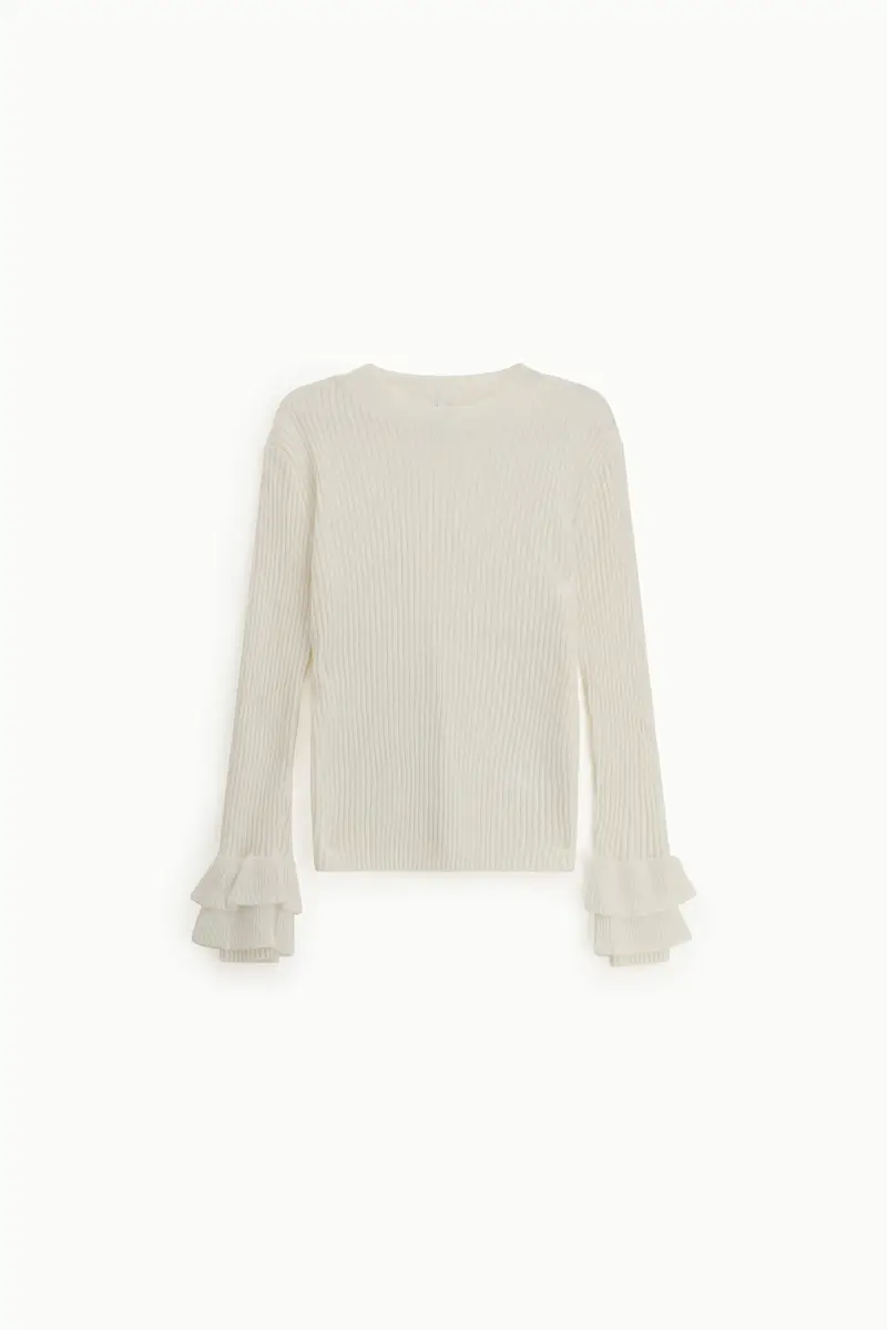 Maglione a coste con maniche volant Panna