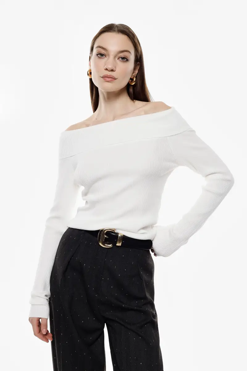 Maglione a coste con scollo bardot e maniche lunghe Panna miniatura 2