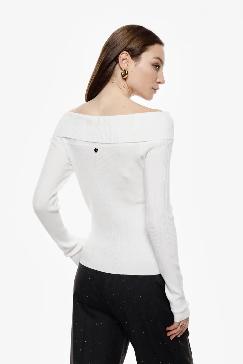 Maglione a coste con scollo bardot e maniche lunghe Panna miniatura 3