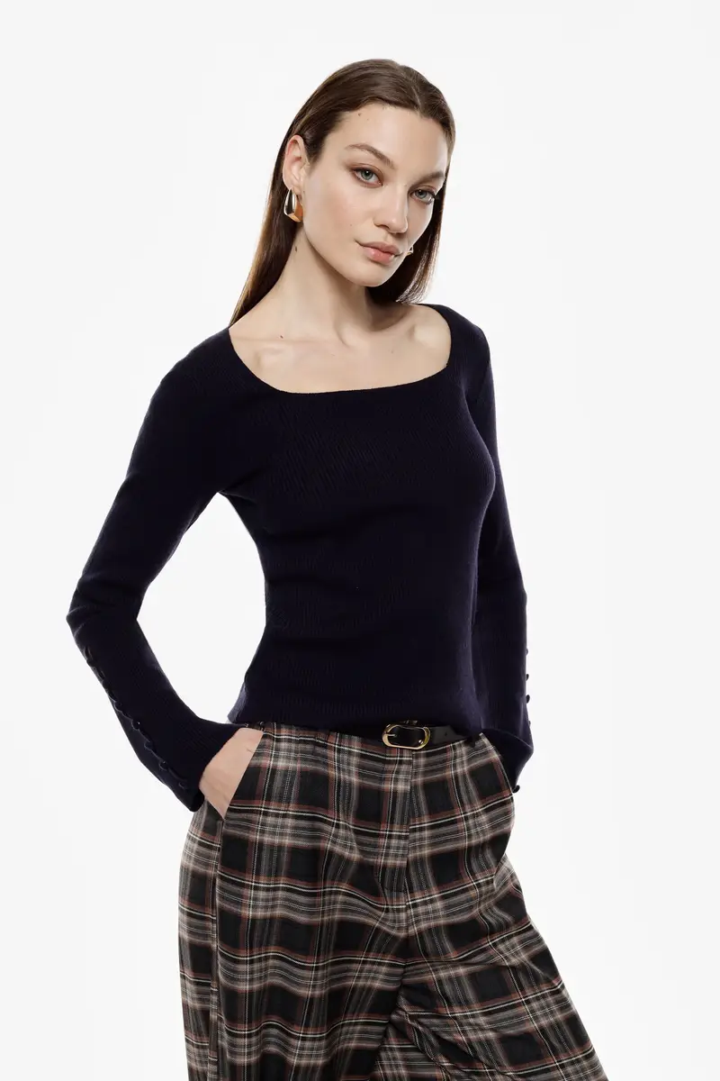 Maglione a coste manica lunga con bottoni Blu miniatura 2