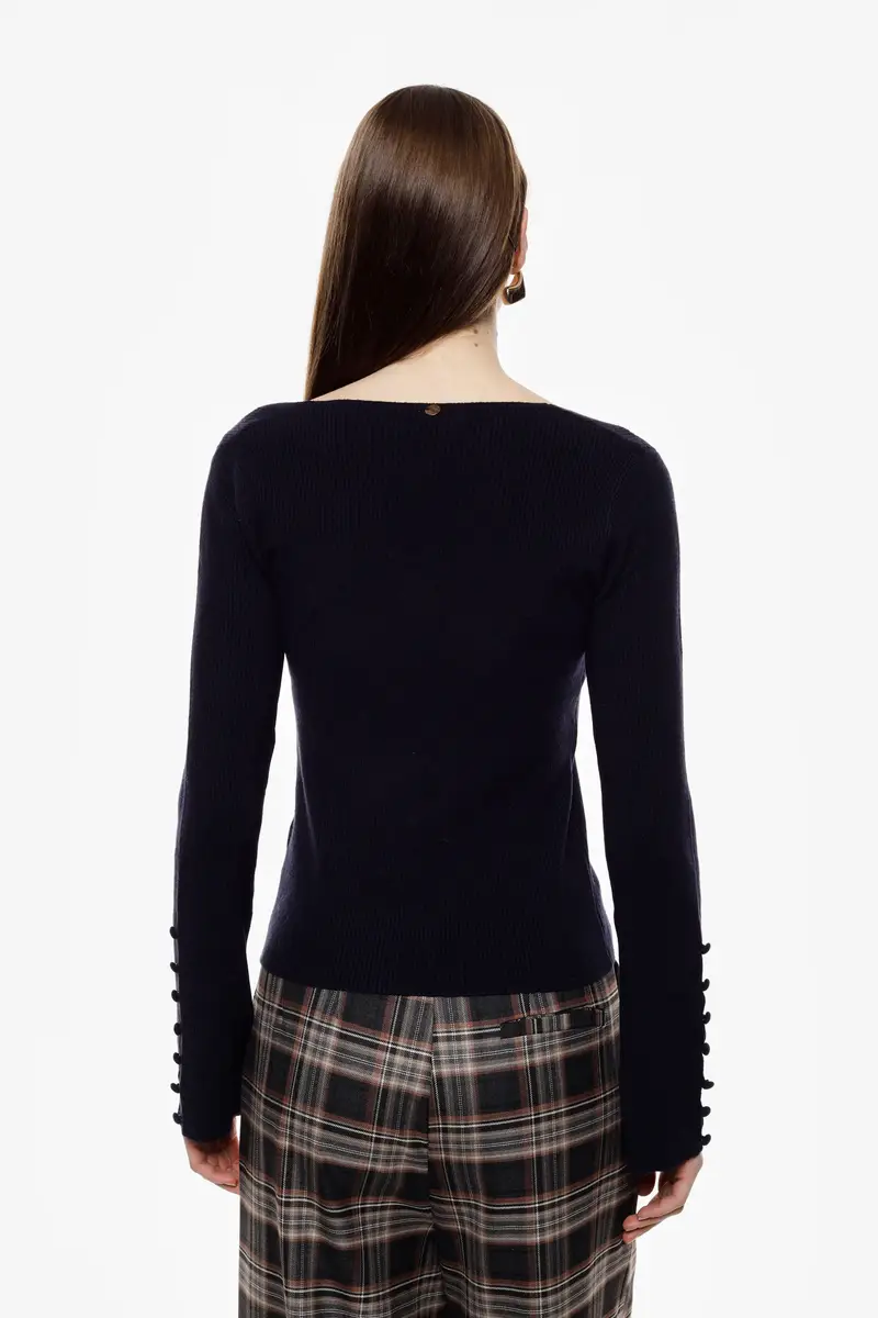 Maglione a coste manica lunga con bottoni Blu miniatura 3