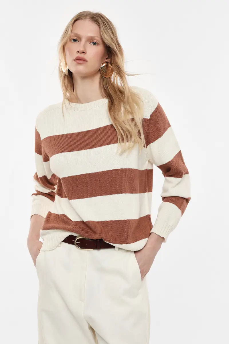 Maglione a righe con girocollo e polsini lavorati Burro miniatura 2