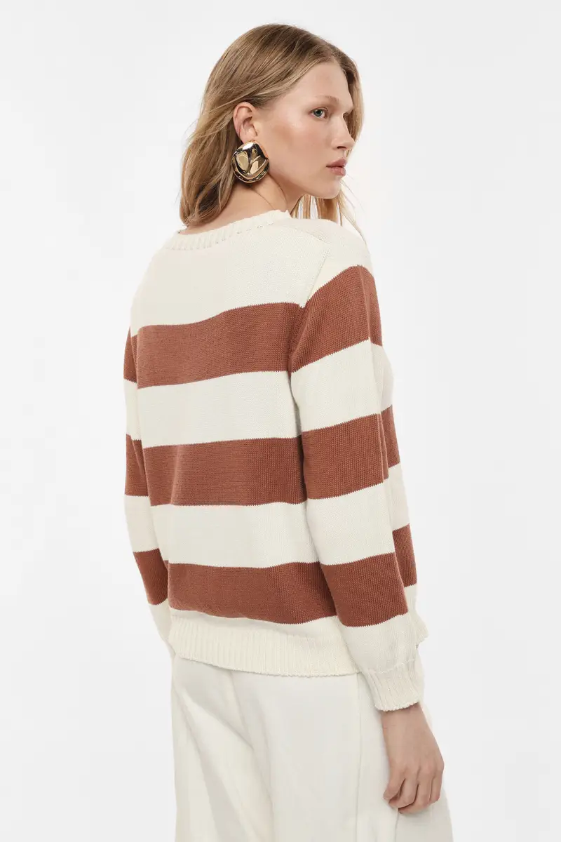 Maglione a righe con girocollo e polsini lavorati Burro miniatura 3