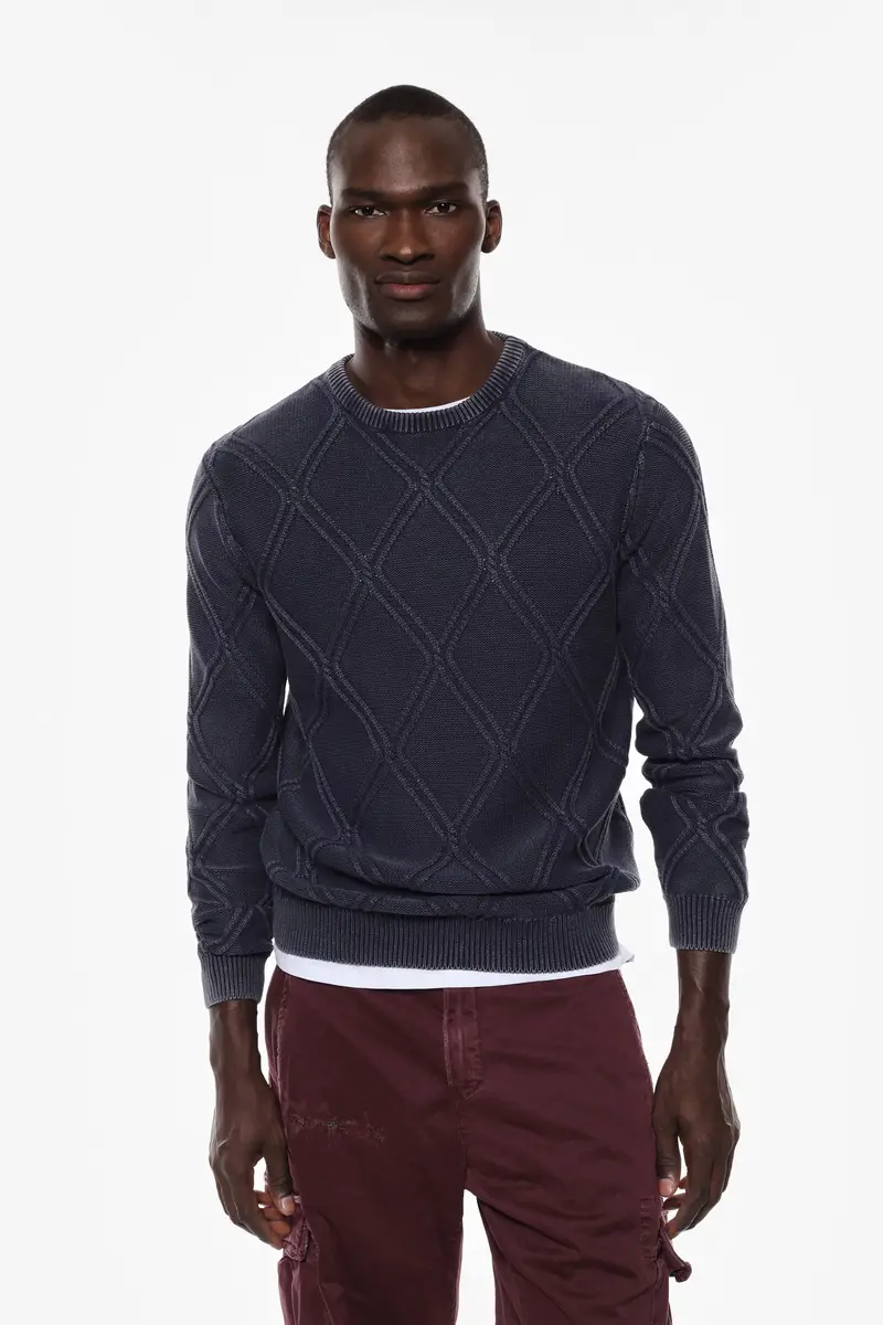 Maglione a rombi a manica lunga Blu miniatura 2