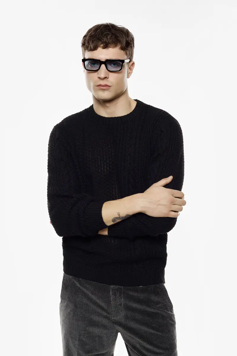 Maglione a trecce girocollo con maniche lunghe Nero miniatura 2