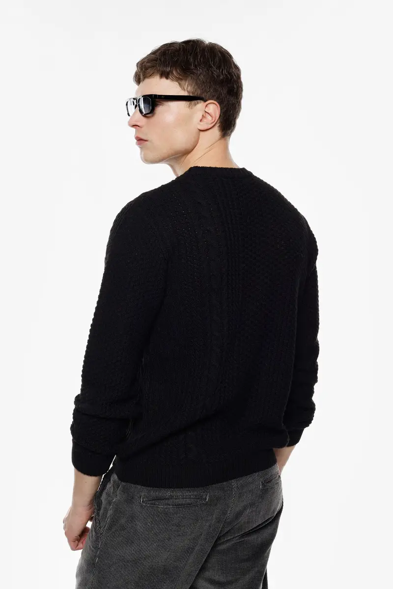 Maglione a trecce girocollo con maniche lunghe Nero miniatura 3