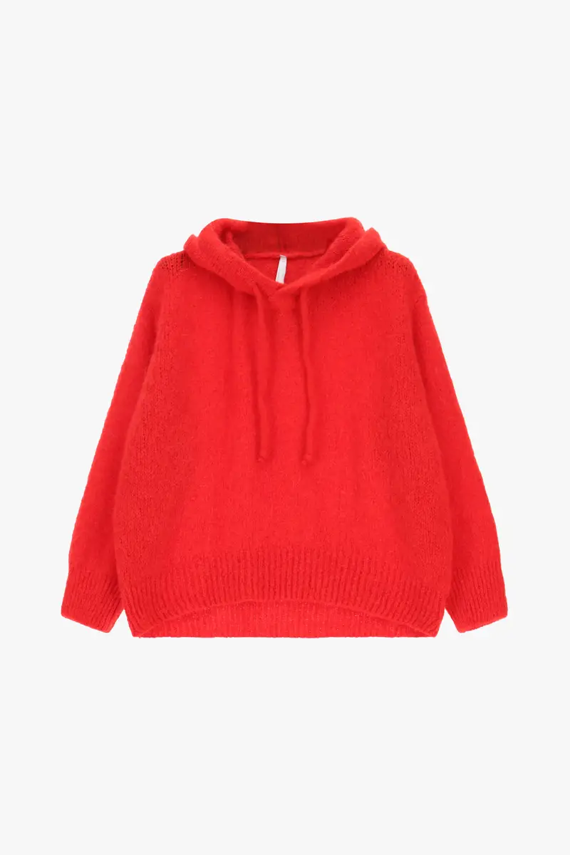 Maglione con cappuccio lavorato a maglia e coulisse Rosso