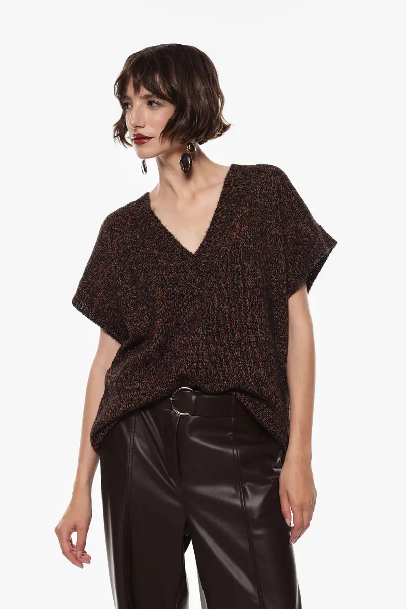 Maglione con scollo a v e maniche corte Arancio miniatura 2