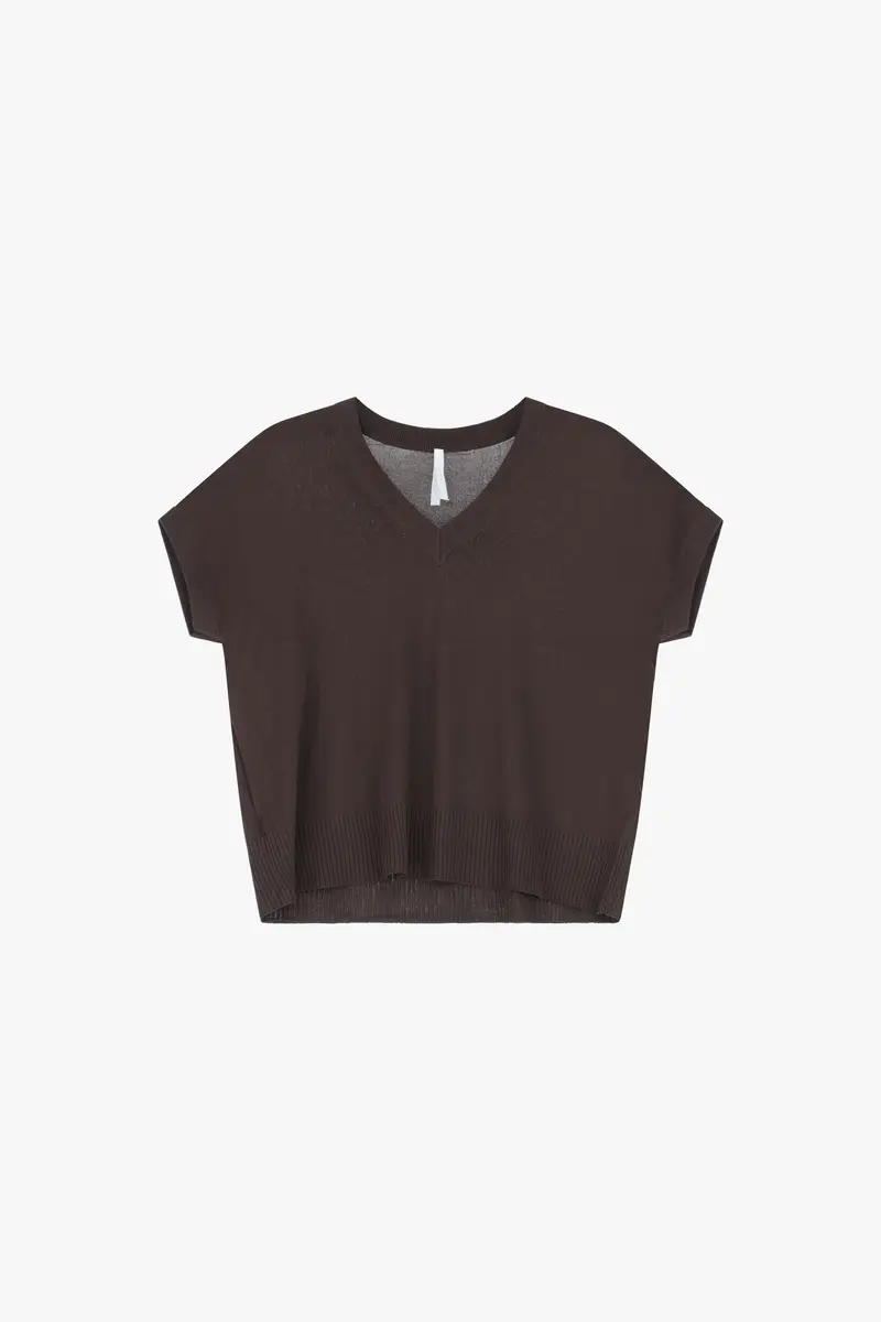 Maglione corto scollo a v maniche corte Cioccolato