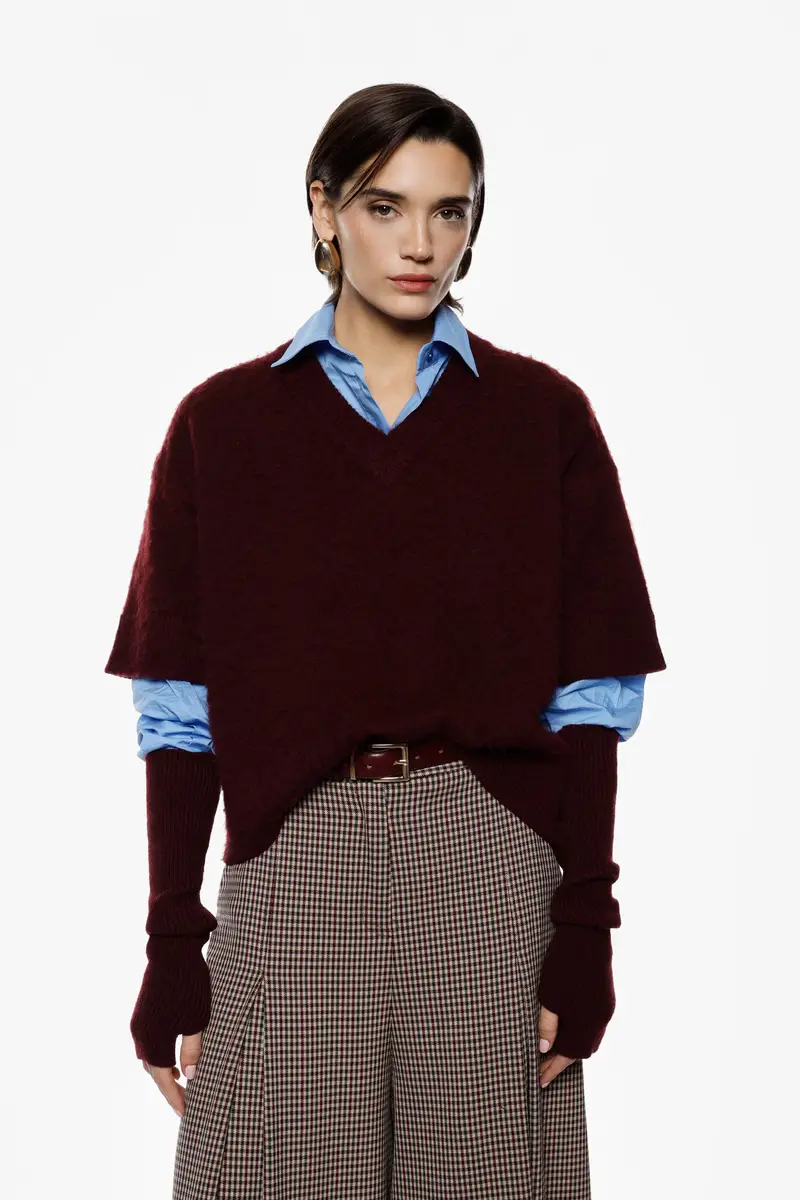 Maglione corto v-neck con maniche rimovibili Borgogna miniatura 2