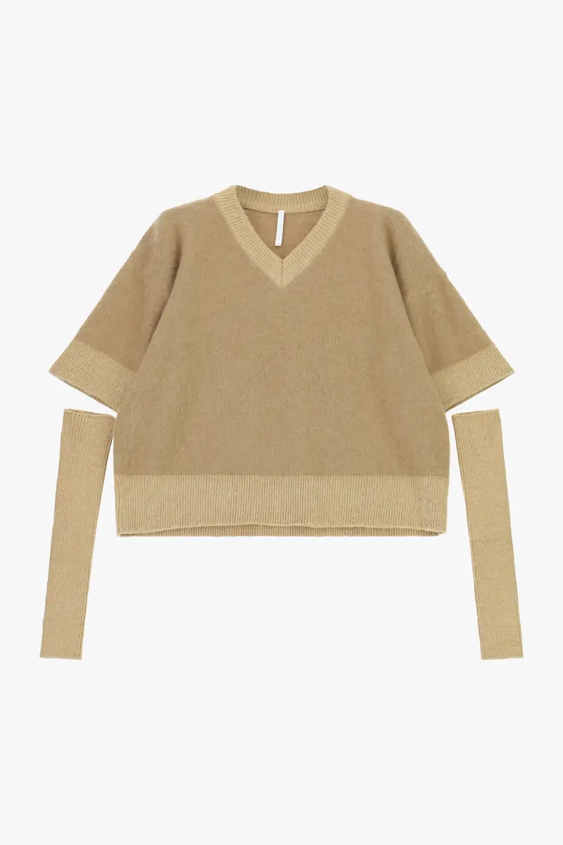 Maglione corto v-neck con maniche rimovibili Cammello