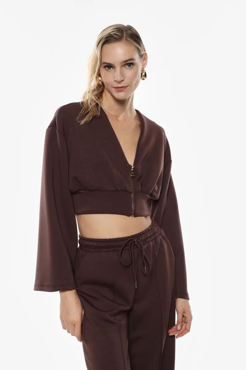 Maglione cropped con zip e manica larga Moro miniatura 2