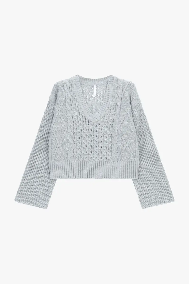 Maglione cropped intrecciato con maniche lunghe Grigio