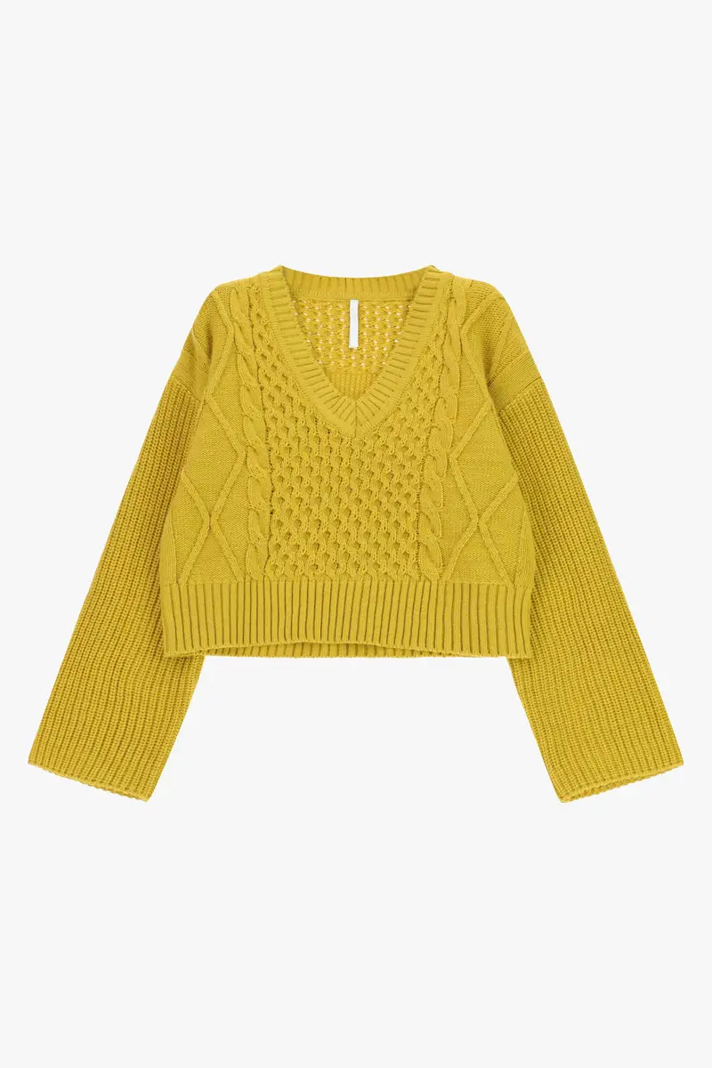 Maglione cropped intrecciato con maniche lunghe Senape