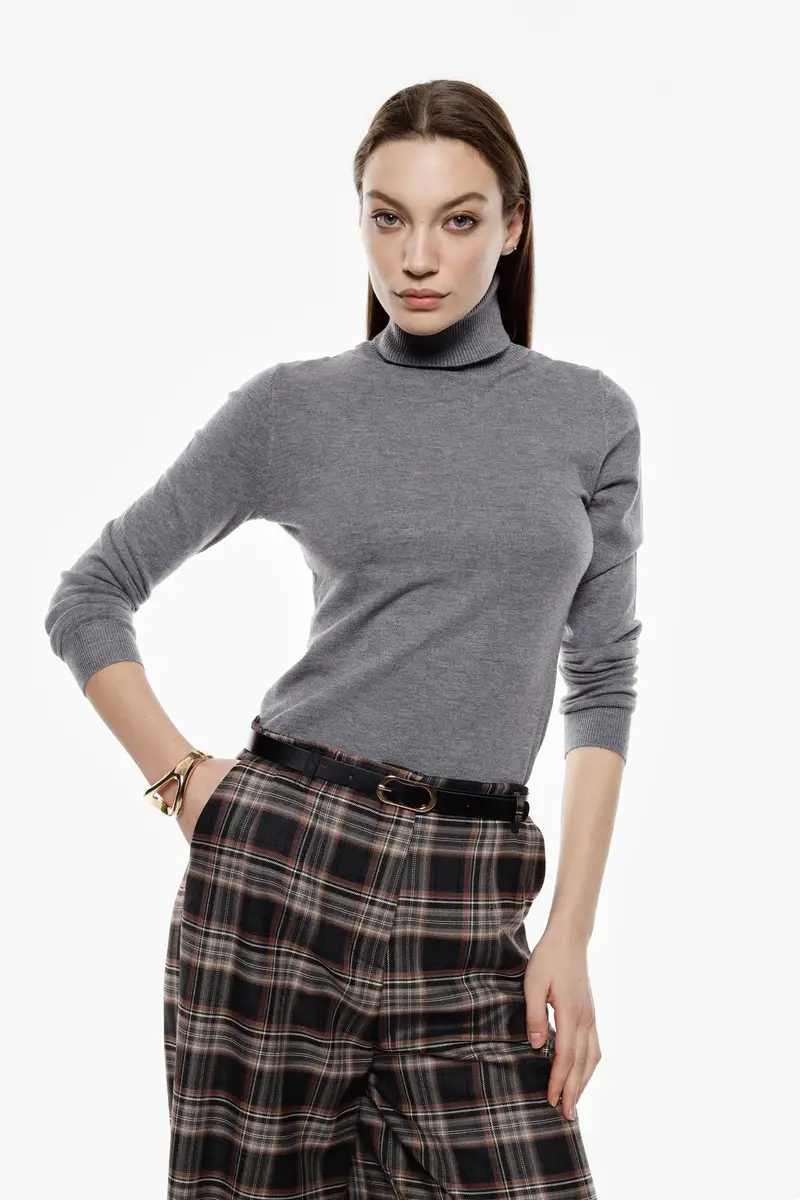 Maglione dolcevita aderente manica lunga Grigio miniatura 2