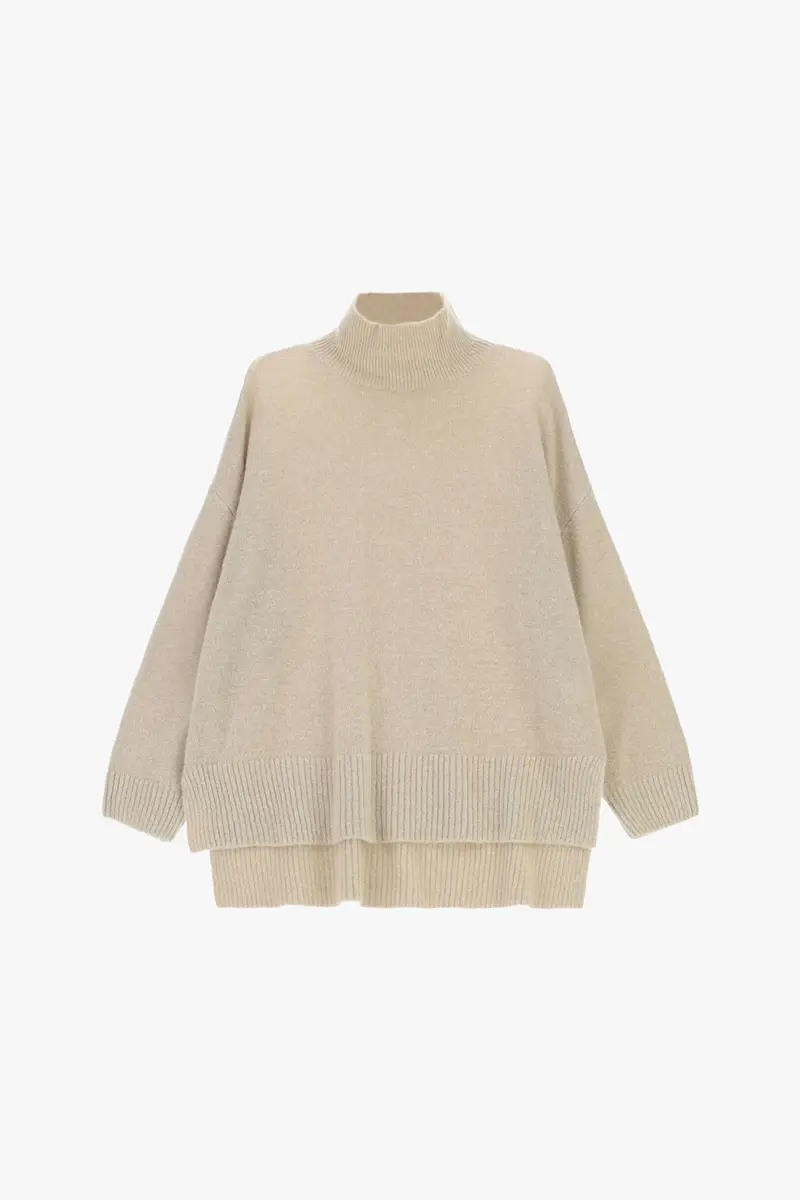 Maglione dolcevita ampio con bordi a coste Beige