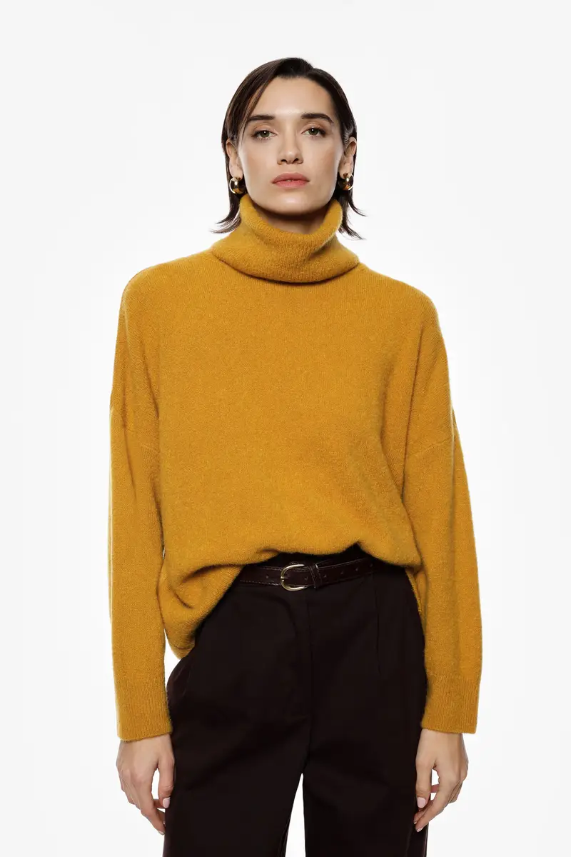 Maglione dolcevita ampio con maniche lunghe Ocra miniatura 2