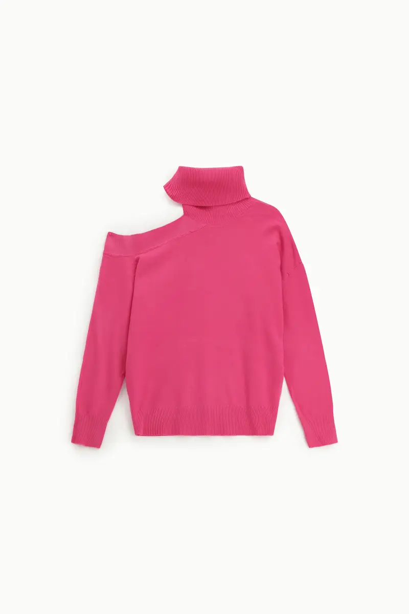 Maglione dolcevita asimmetrico con spalla scoperta Fuxia