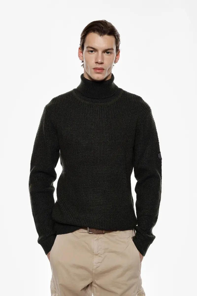 Maglione dolcevita lavorazione waffle manica lunga Militare miniatura 2