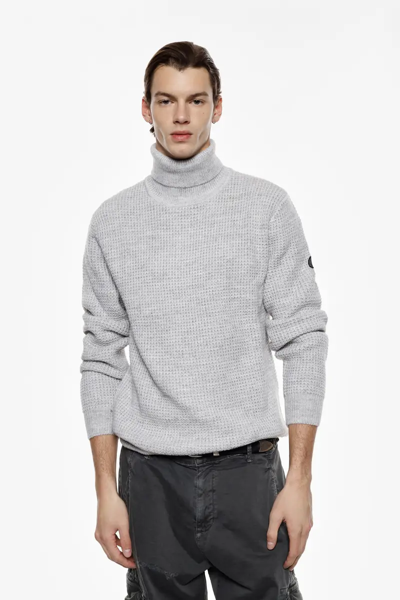 Maglione dolcevita lavorazione waffle manica lunga Panna miniatura 3