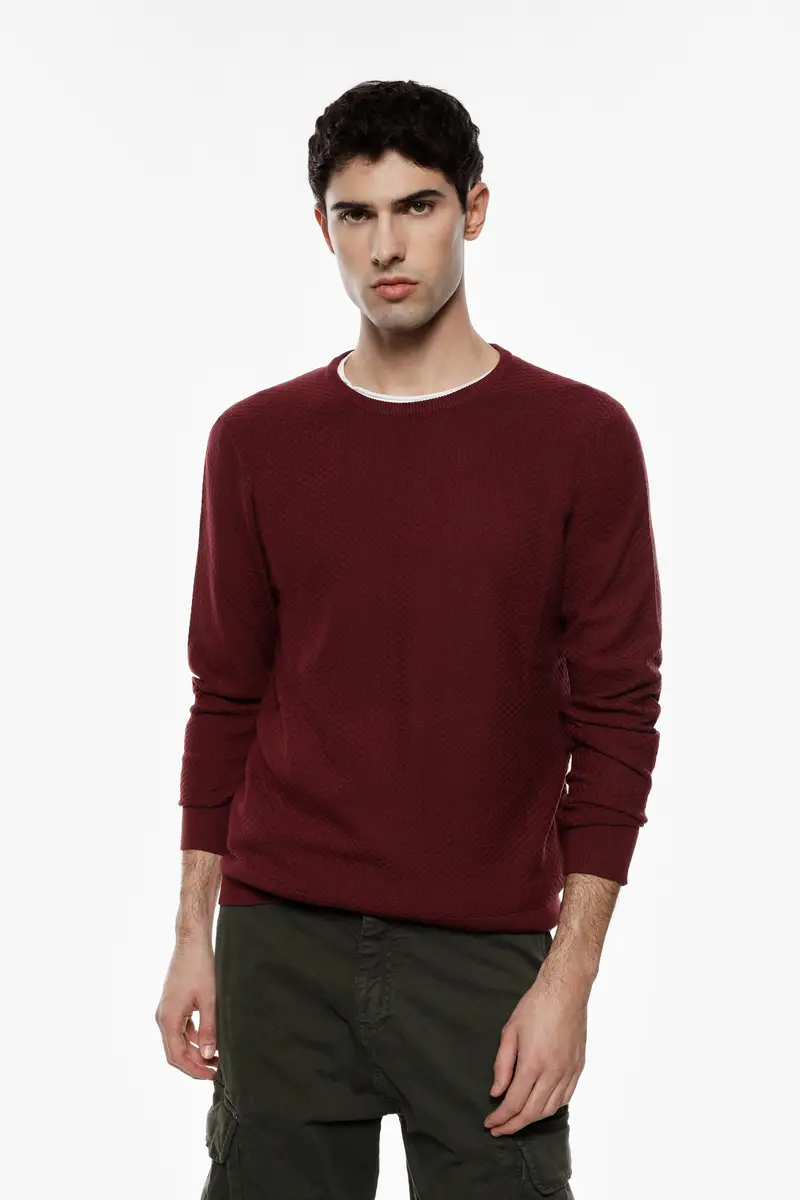 Maglione girocollo a coste sottili vestibilità regolare Bordeaux miniatura 2