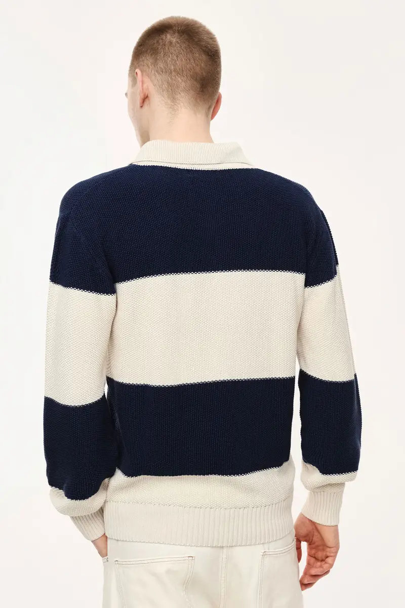 Maglione girocollo a righe con colletto e bottoni Ecru miniatura 3