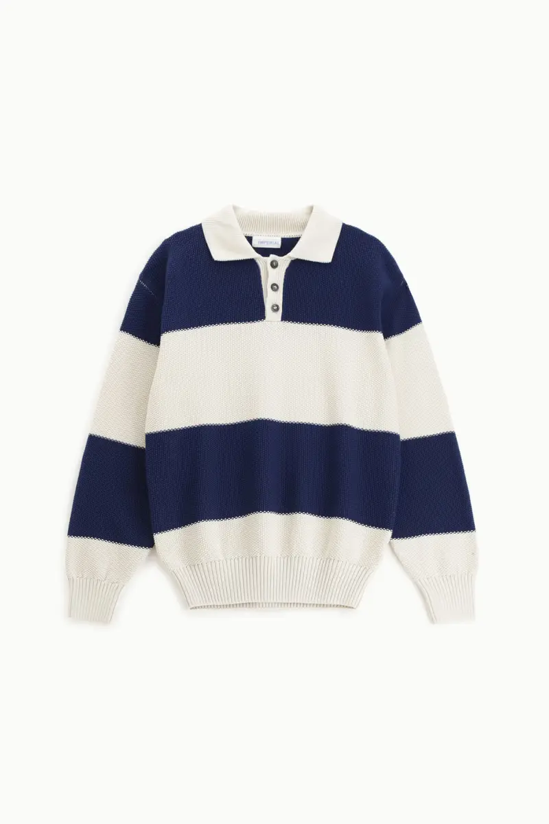 Maglione girocollo a righe con colletto e bottoni Ecru