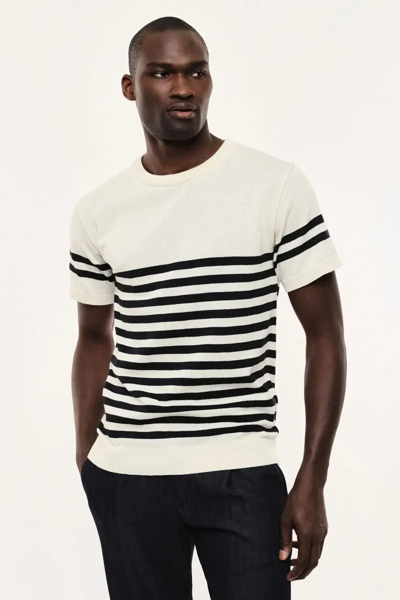 Maglione girocollo a righe con maniche corte Bianco miniatura 2