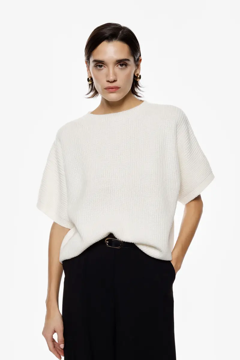 Maglione girocollo ampio a maniche corte Panna miniatura 2