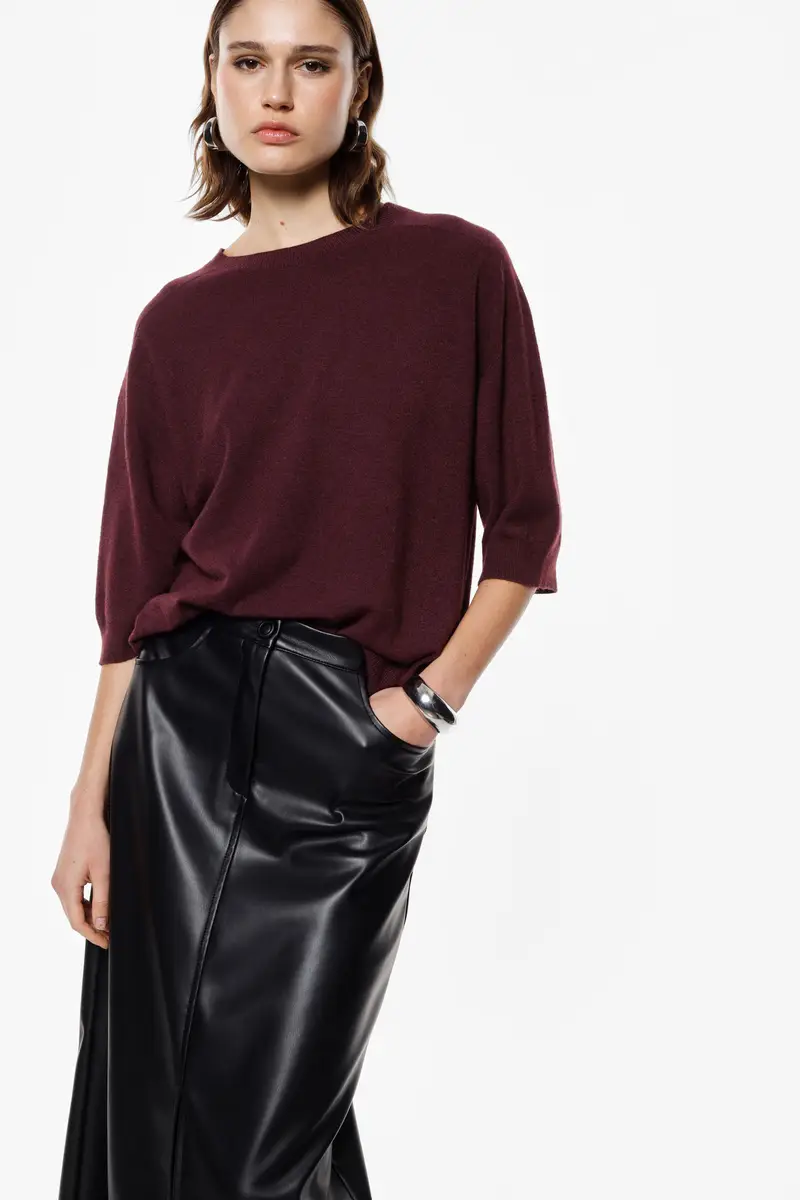 Maglione girocollo ampio manica tre quarti Prugna miniatura 2