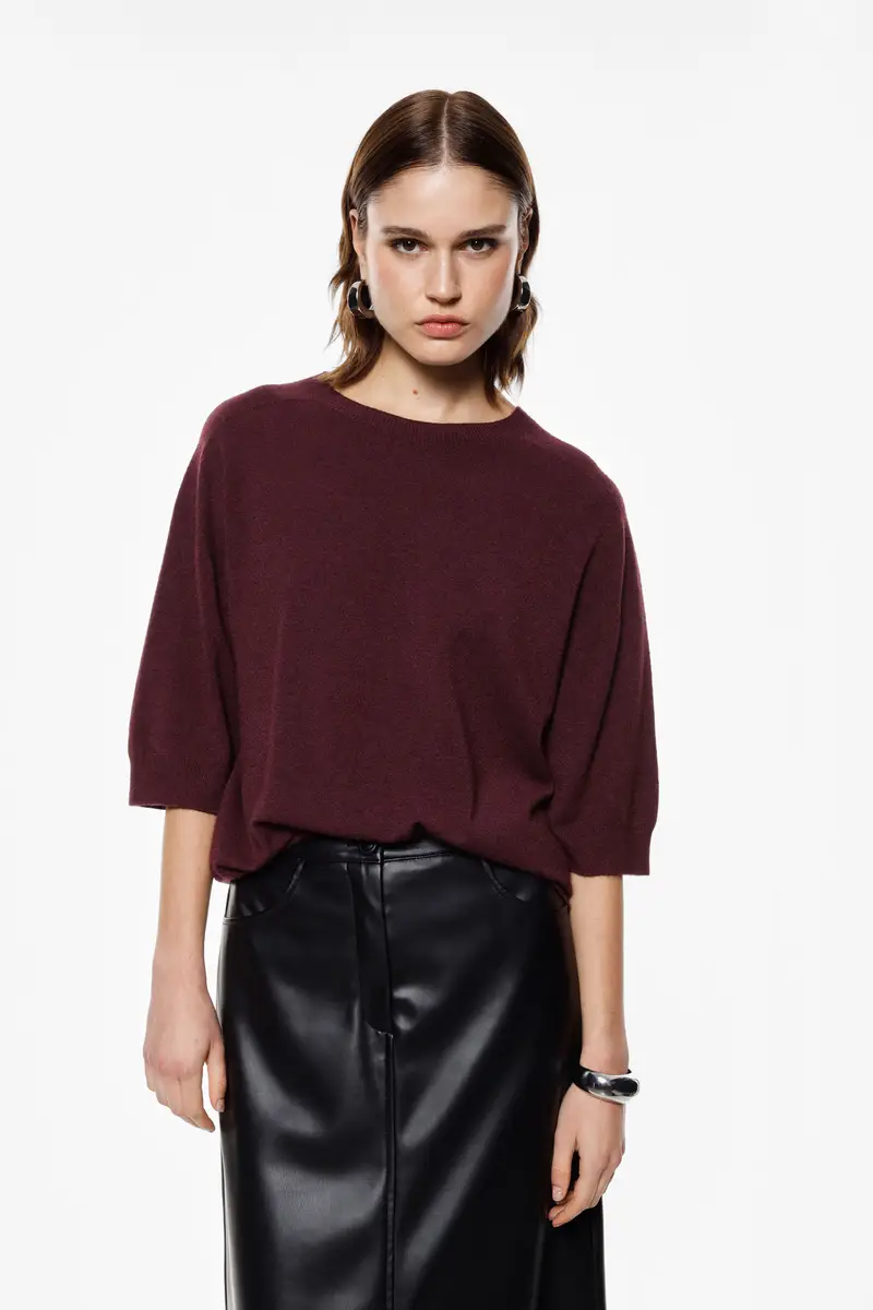 Maglione girocollo ampio manica tre quarti Prugna miniatura 3