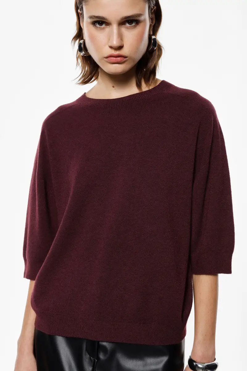 Maglione girocollo ampio manica tre quarti Prugna miniatura 4