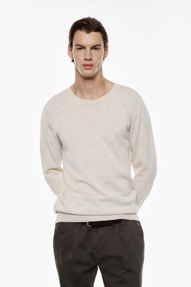 Maglione girocollo classico fit regular Beige miniatura 3