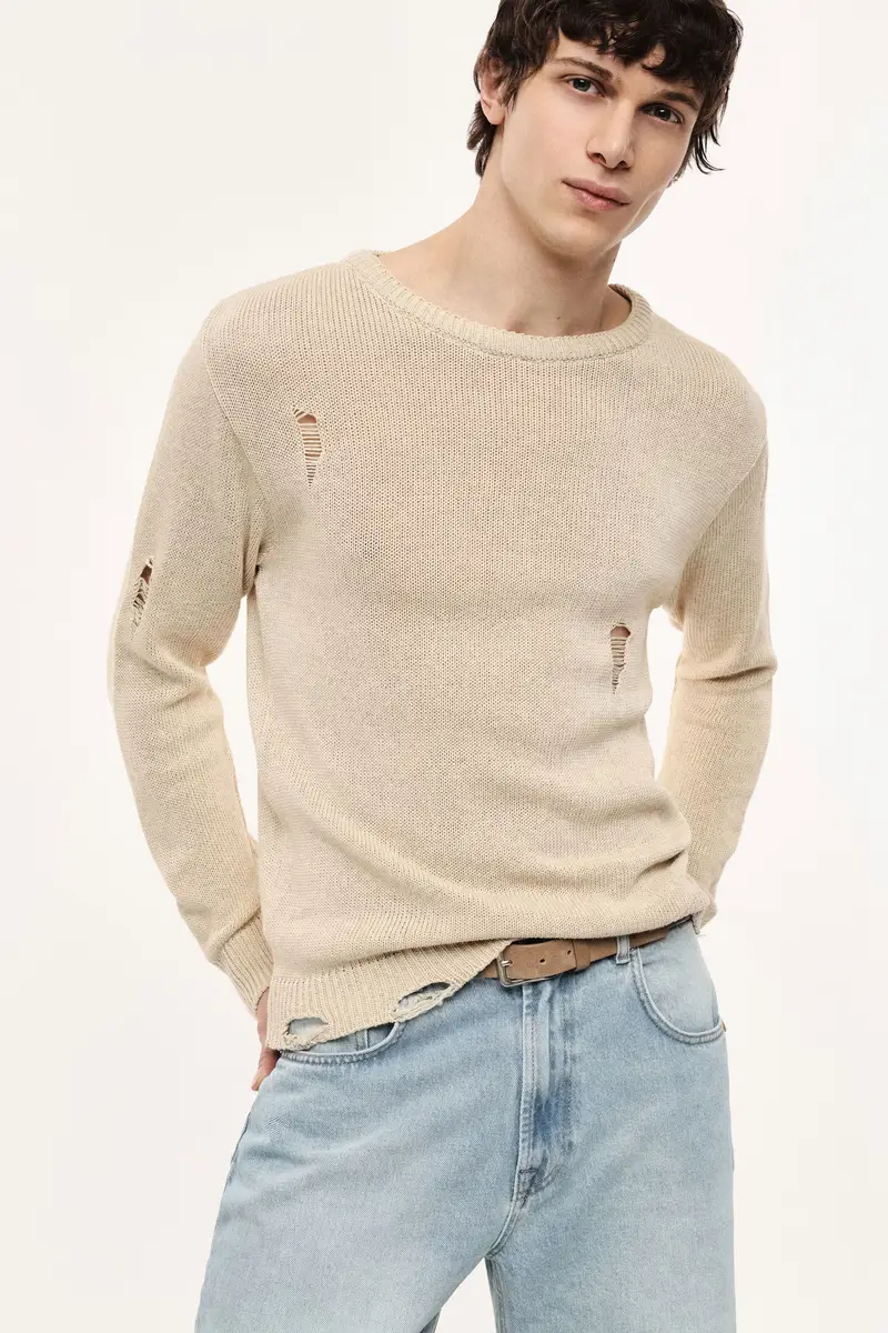 Maglione girocollo con dettagli effetto vissuto Beige miniatura 2