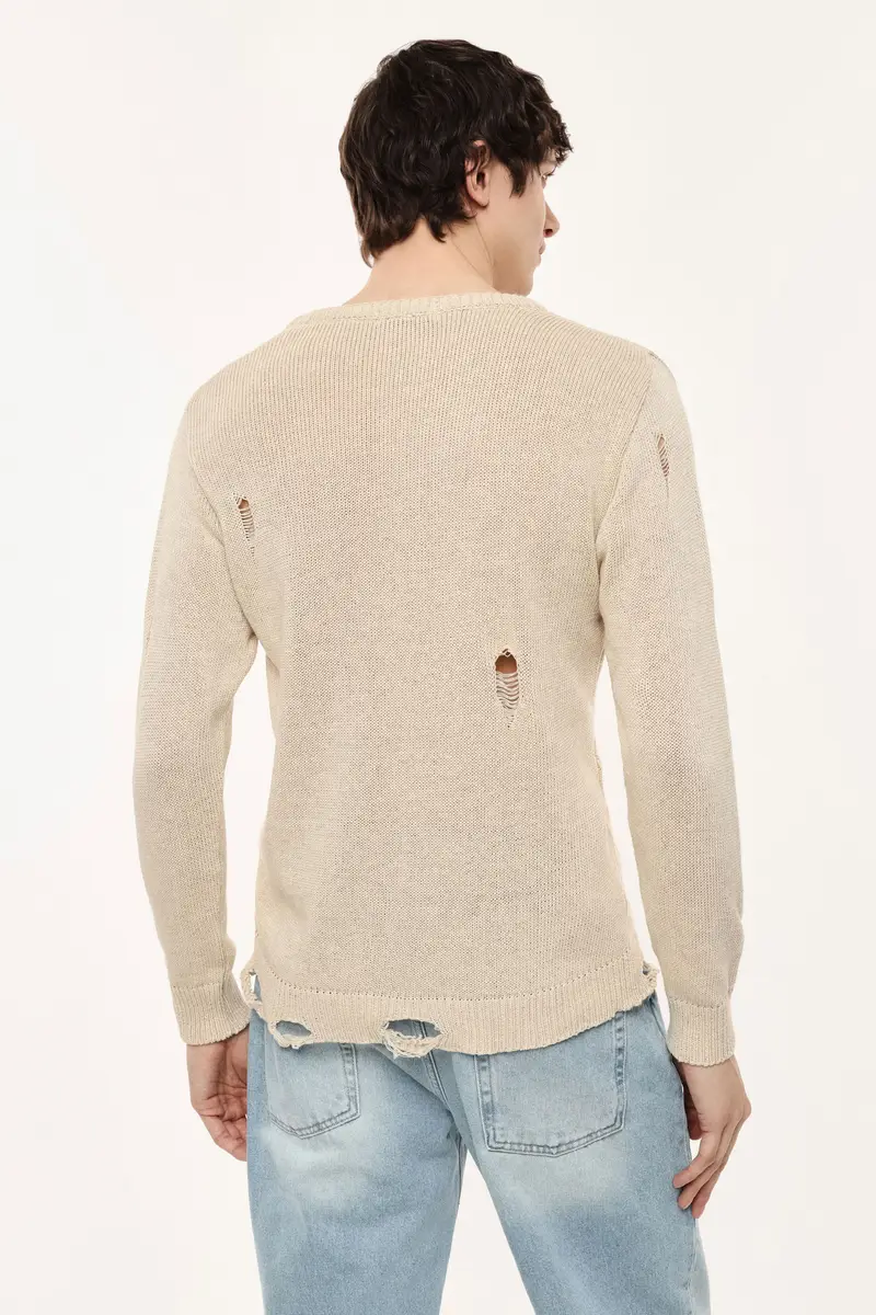 Maglione girocollo con dettagli effetto vissuto Beige miniatura 3