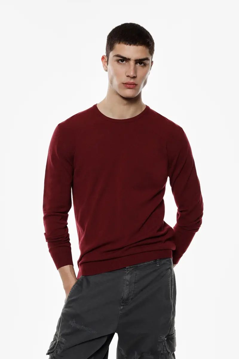 Maglione girocollo regular-fit tinta unita Bordeaux miniatura 2