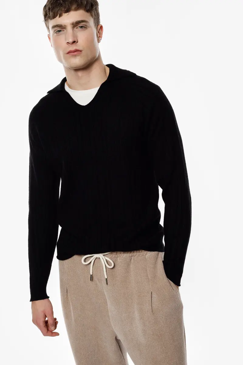 Maglione pullover uomo scollo v e collo aperto Nero miniatura 2