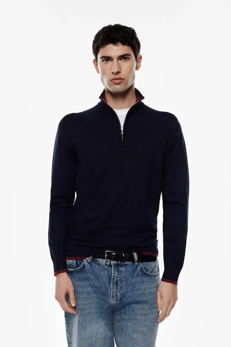 Maglione pullover zip collo alto tinta unita Blu miniatura 2