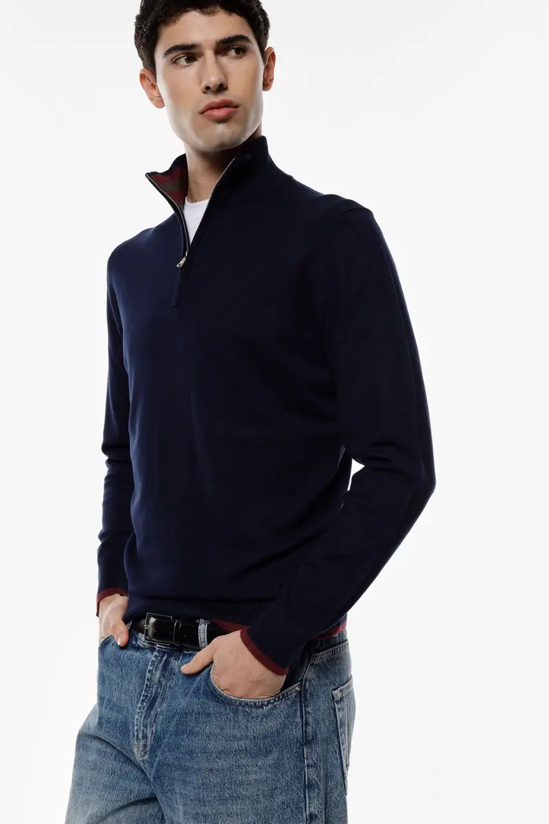 Maglione pullover zip collo alto tinta unita Blu miniatura 4