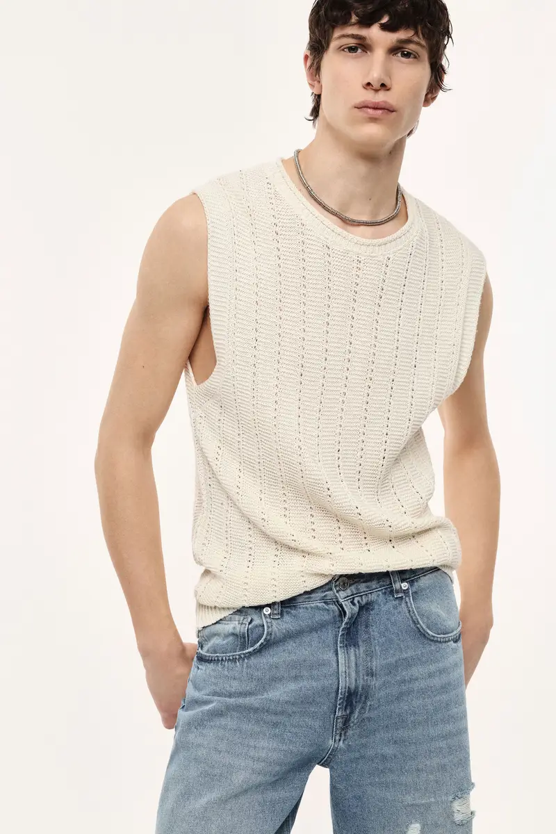 Maglione smanicato a coste lavorate girocollo Gesso miniatura 2