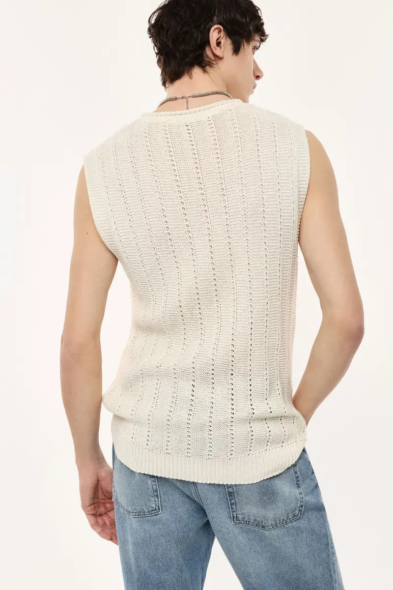 Maglione smanicato a coste lavorate girocollo Gesso miniatura 3