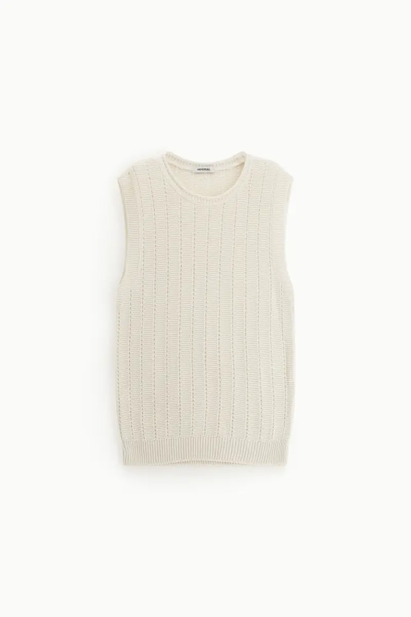 Maglione smanicato a coste lavorate girocollo Gesso