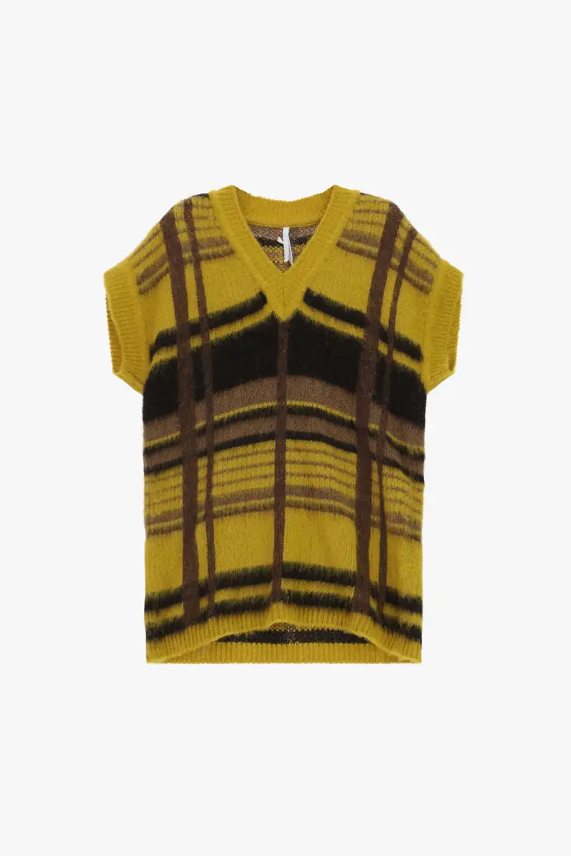 Maglione smanicato scollo a v motivo tartan Ocra