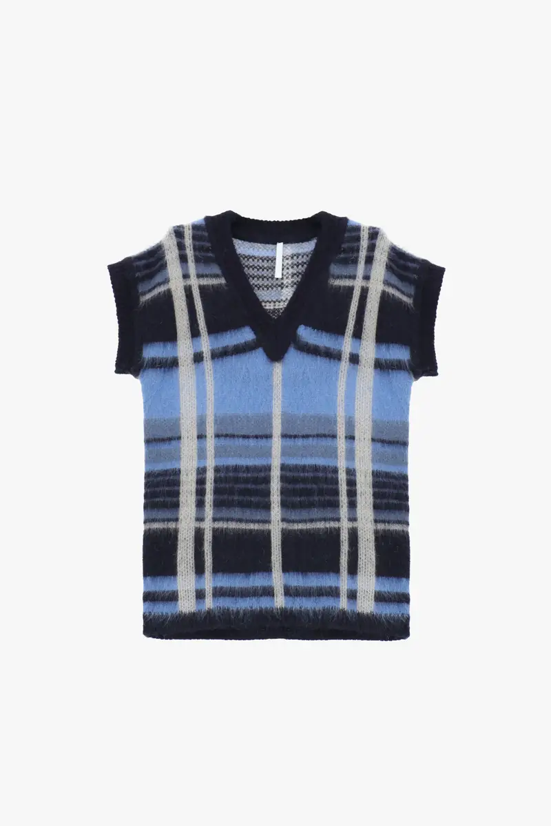 Maglione smanicato v-neck motivo check Azzurro