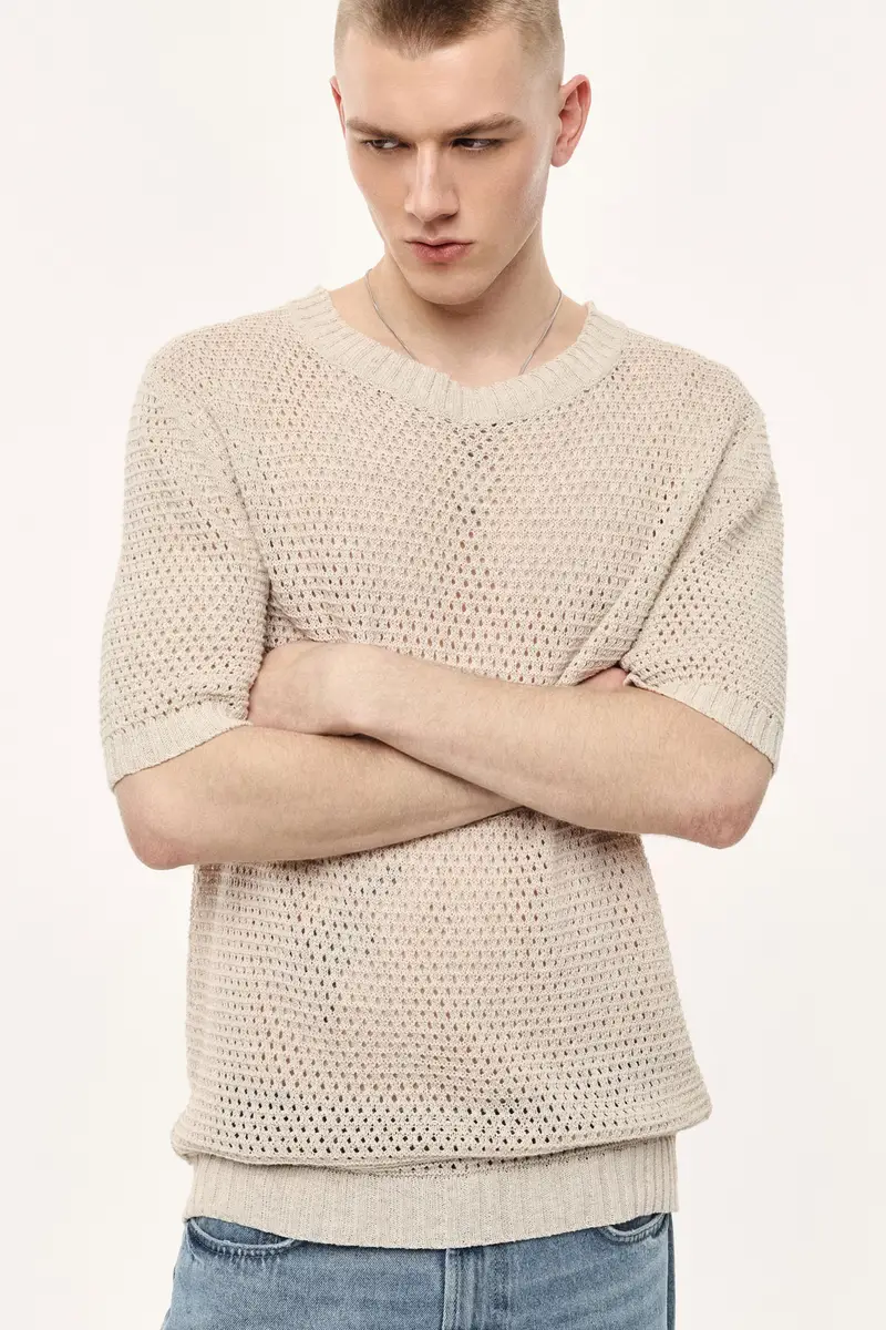 Maglione traforato manica corta girocollo Beige miniatura 2