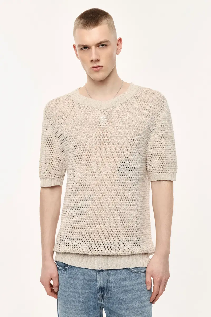 Maglione traforato manica corta girocollo Beige miniatura 3