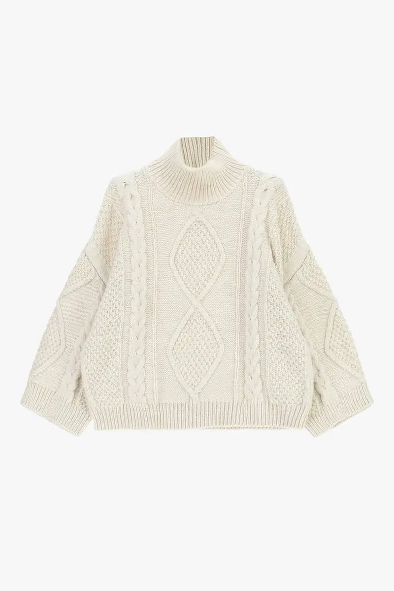 Maglione trecce collo alto vestibilità ampia Gesso